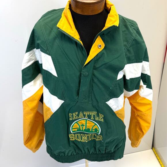 Vtg NBA Seattle Supersonics Green Gold Starter Quarter Zip Jacket Mens Lg - Picture 1 of 8
